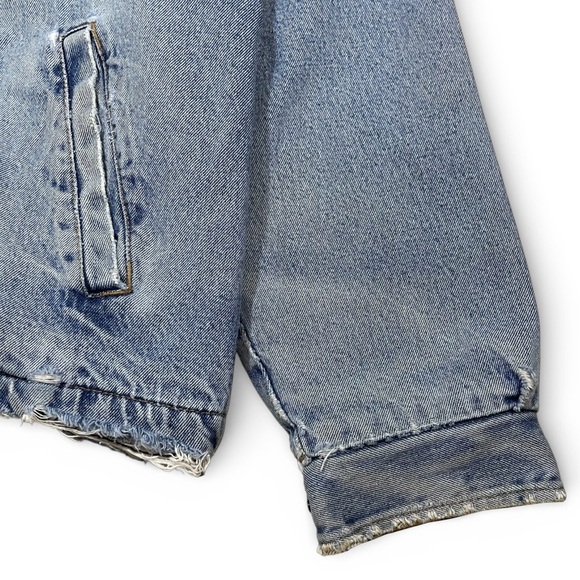 Woolrich 90s Denim Work Jacket Men's L Leather Collar Blanket Lined Distressed - Picture 4 of 16